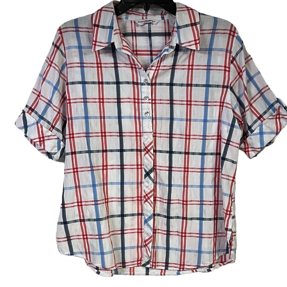 Allison Daley Shirt Petite Red White Blue Striped Patriotic Windowpane Americana